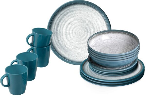 Geschirrset Melamin BRUNNER Tuscany 16-tlg. Fb. creme/blau je 4 x Ess-, Suppen-, Dessert- teller, Henkelbecher