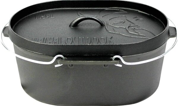 Feuertopf Dutch Oven VALHAL OUTDOOR Gusseisen oval, flacher Boden, Grillmuster Deckel, 9 l